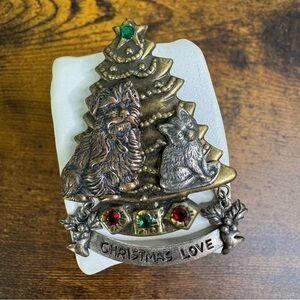 Christmas Love Holiday Tree Pin Brooch Pet Dog Cat Antiqued Brass Vintage